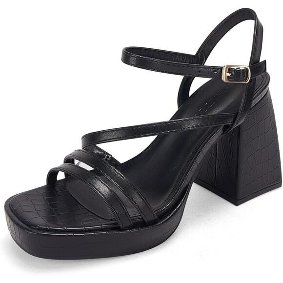 Coutgo Women's Platform Heels Sandals Chunky Square Open Toe Ankle Strap Black - Picture 5 of 5